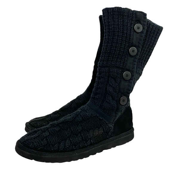 Ugg Leland Sweater Knit Boots Womens Size 9 Black Button Up Fold - Picture 2 of 12